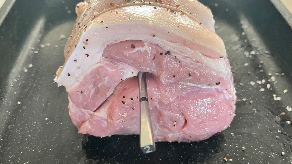 Uncooked pork with Meater Pro Xl meat thermometer probe
