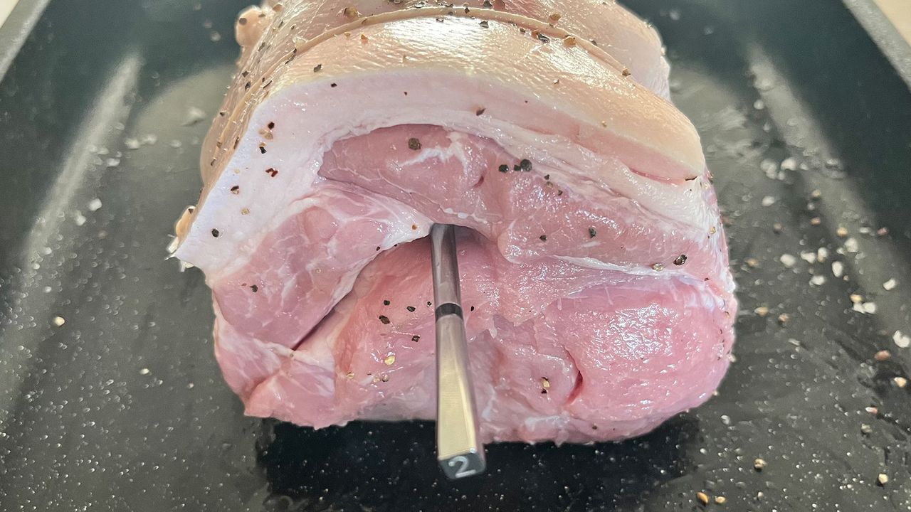 Uncooked pork with Meater Pro Xl meat thermometer probe