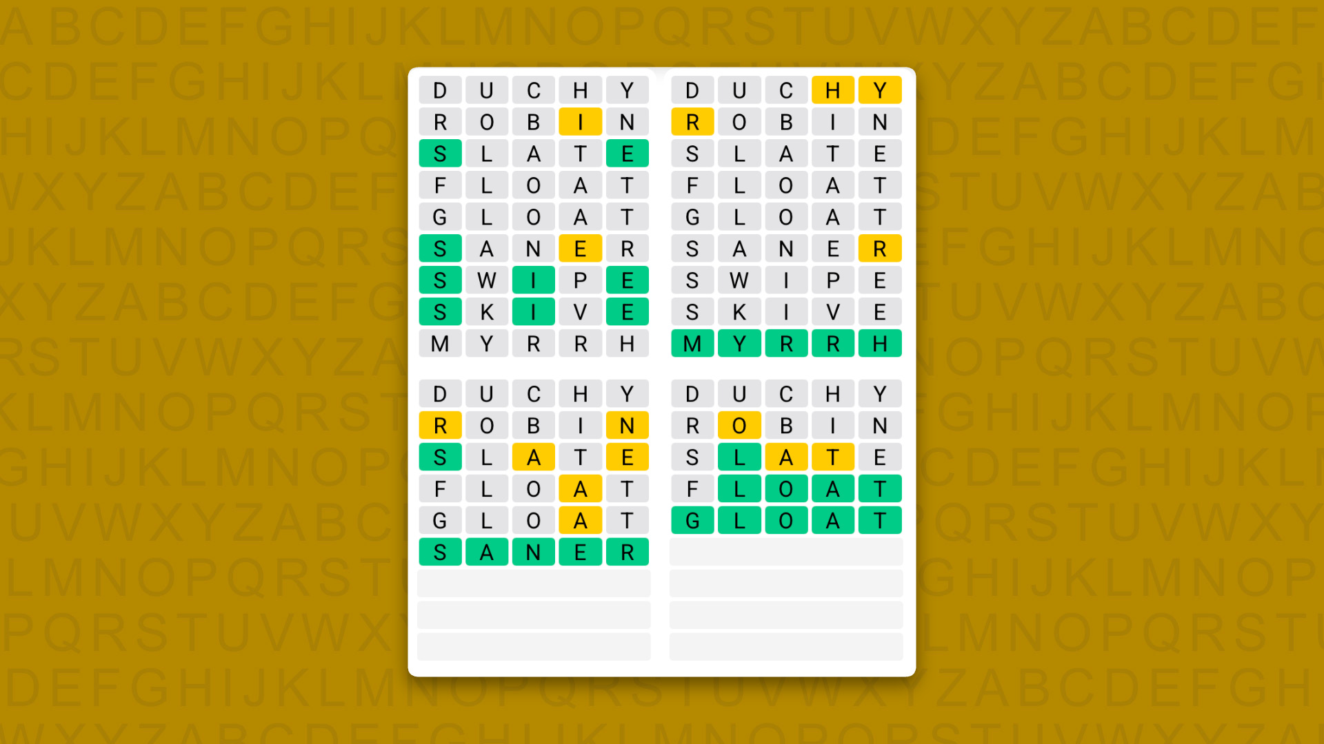 Quordle answers for game 1663 on a yellow background
