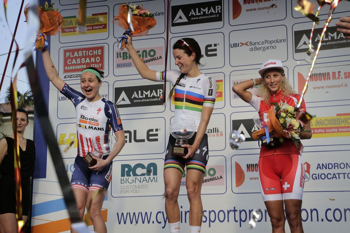 Megan Guarnier, Lizzie Armitstead and Jolanda Neff on the Cittiglio podium