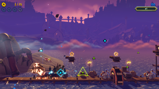 A screenshot of a level in Hextech Mayhem, with Ziggs mid-air about to approach a bomb input.