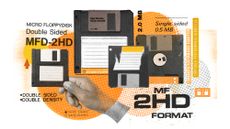 Photo collage of floppy disks and various typographical ephemera from floppy disks