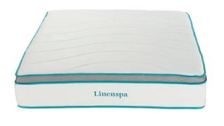 The Linenspa 12 Inch Hybrid Mattress shown in white with blue edging