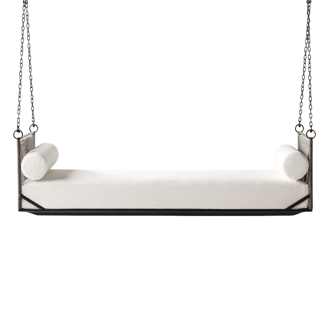 Zora Black Rattan Outdoor Hanging Daybed With White Sunbrella® Cushions