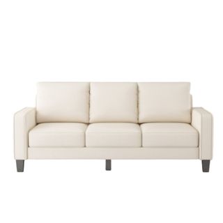 A three-seater white couch with black legs. The desisg is sleek and chic with slim arms and tapered but smooth legs
