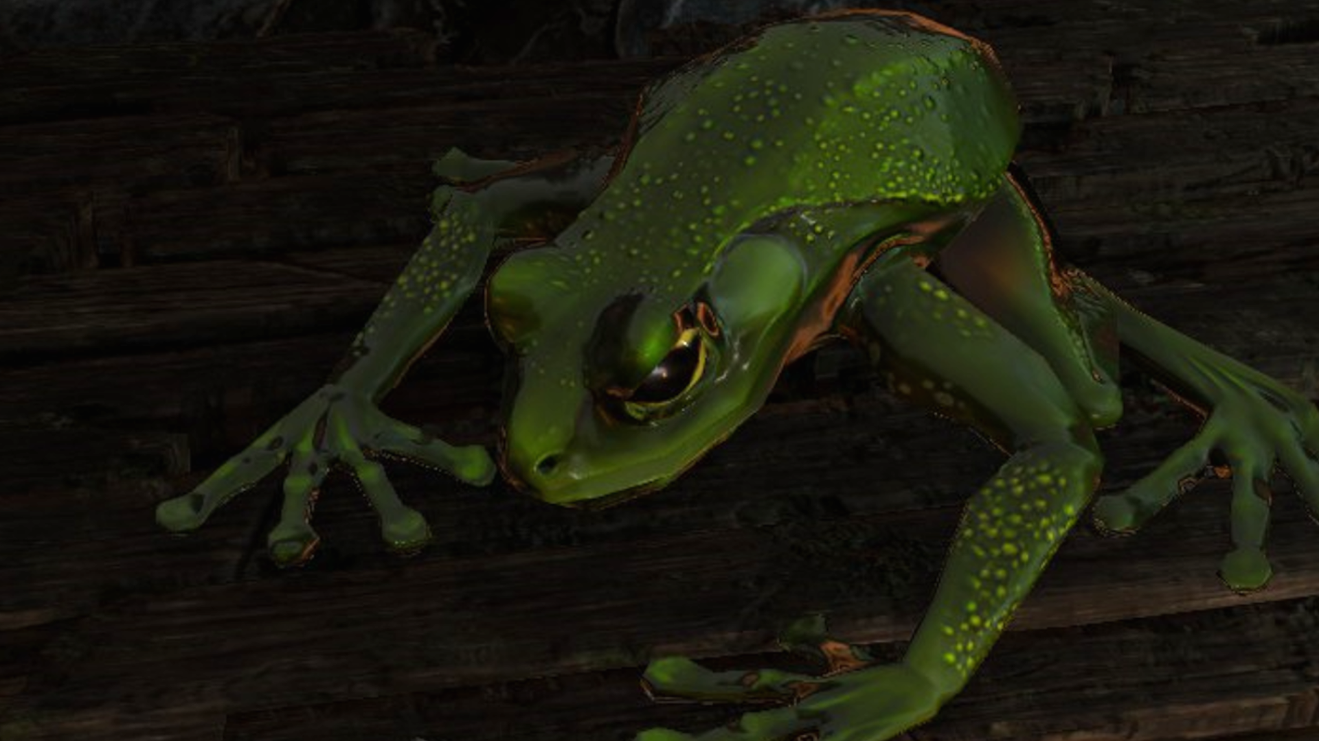 An amphibian from Divinity: Original Sin 2, a froglike creature lurking in the shadows of a cave.