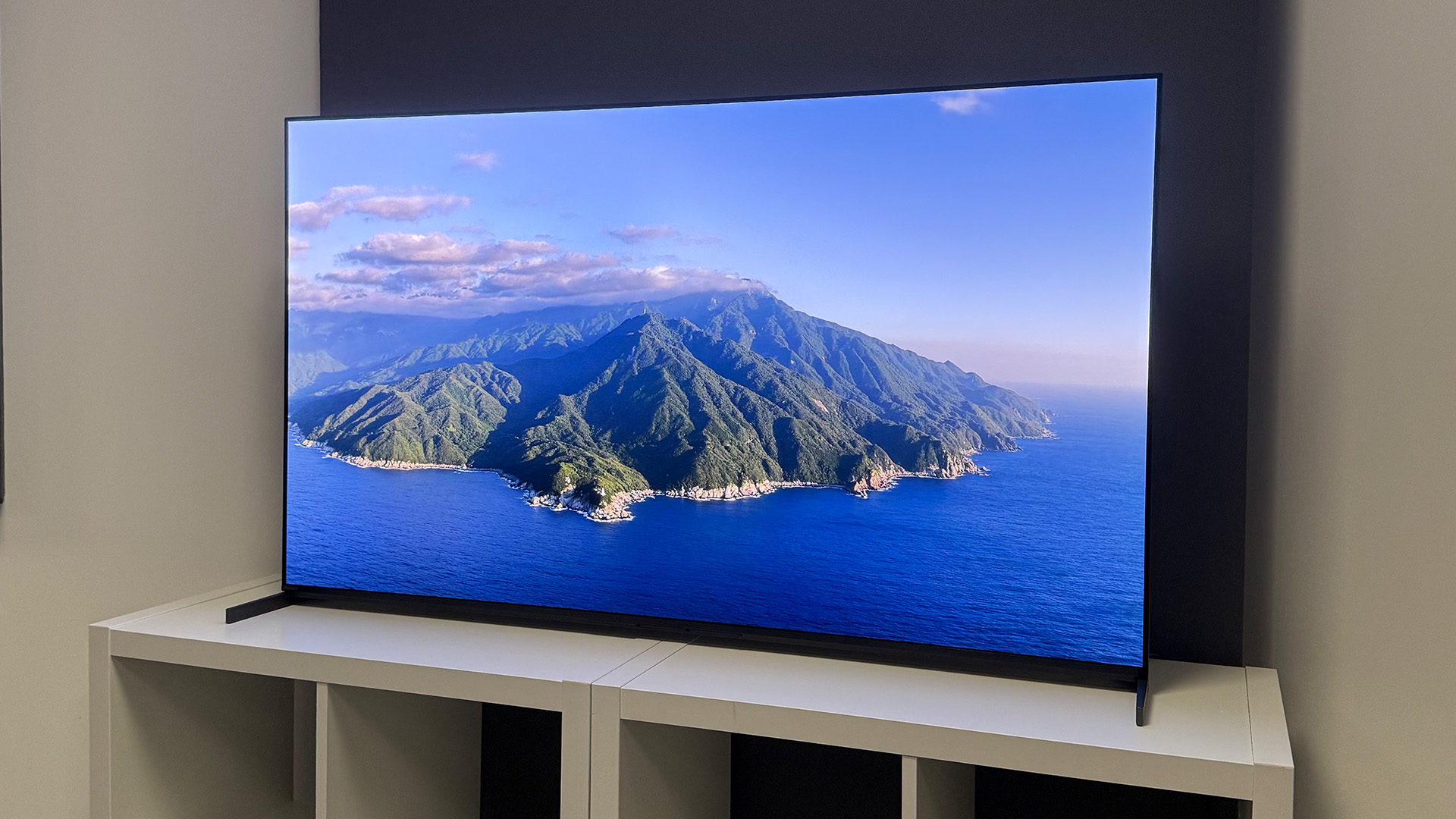 The 55-inch Sony Bravia 8 II QD-OLED TV photographed on a white table. On the screen is a nature documentary.