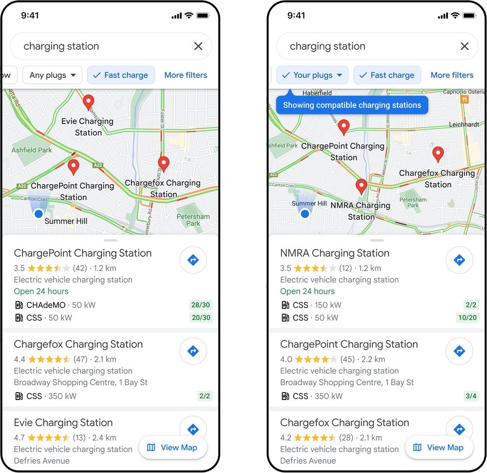 Google Maps screenshots showing EV charging stations in search