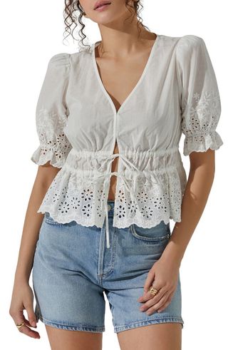 Eyelet Tie Front Cotton Top