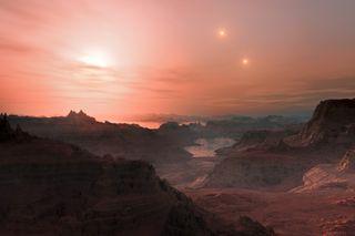 An artist's impression of sunset on an austere exoplanetary landscape, in this case of the super-Earth Gliese 667 Cc. The exoplanet resides in a triple star system and the three suns are visible in the sky.