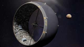 Artist's conception of a futuristic city inside an asteroid, nearby a planet.