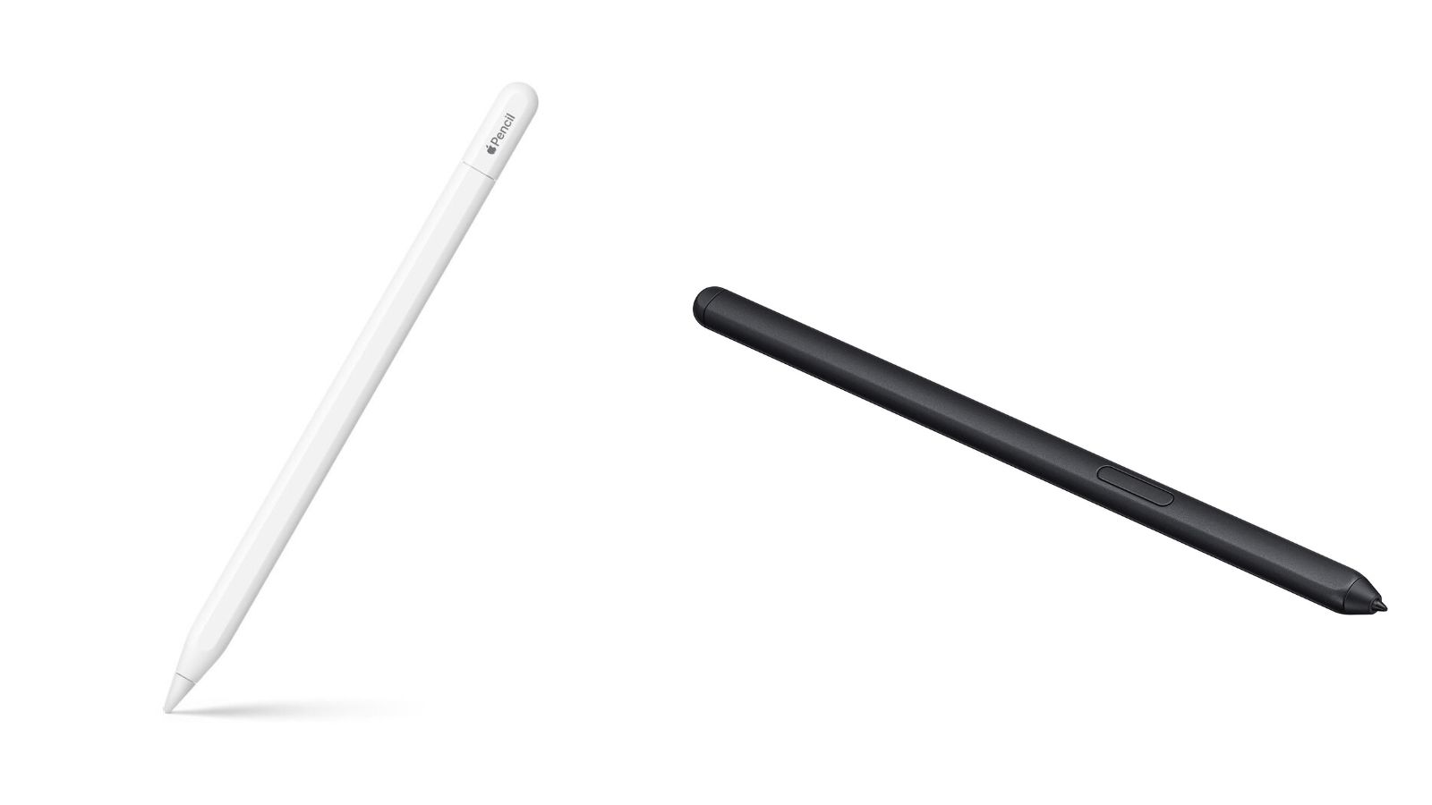 White Apple Pencil Pro standing next to black Samsung S-Pen