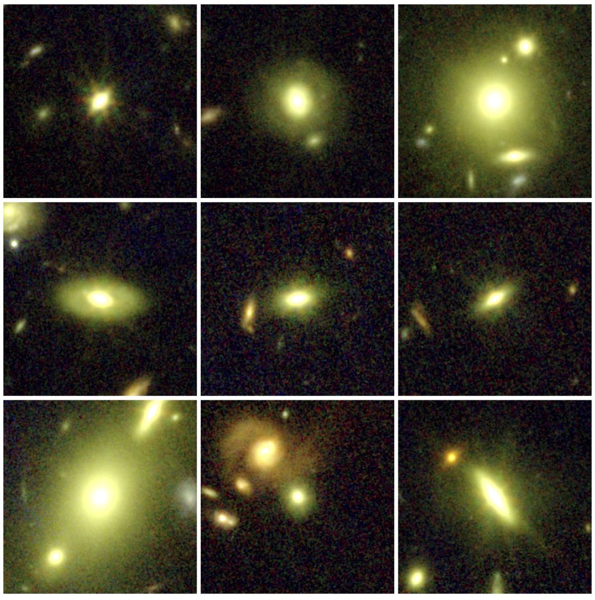 a nine-panel illustration of bright glowing lights on a black background