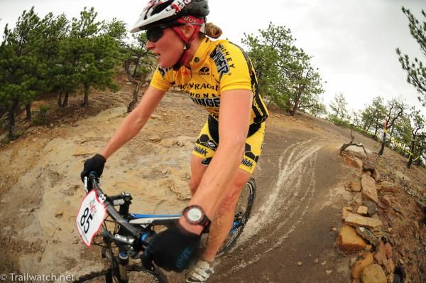 Jamie Brede descending in the muddy conditions