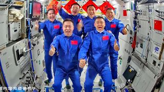 The Shenzhou 19 and newly arrived Shenzhou 20 astronauts pose for a photo on China's Tiangong space station on April 24, 2025.