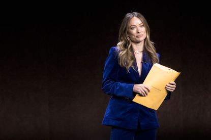 LAS VEGAS, NEVADA - APRIL 26: Director and actress Olivia Wilde speaks onstage during the Warner Bros. Pictures "The Big Picture" presentation during CinemaCon 2022 at Caesars Palace on April 26, 2022 in Las Vegas, Nevada. (Photo by Greg Doherty/Getty Images)