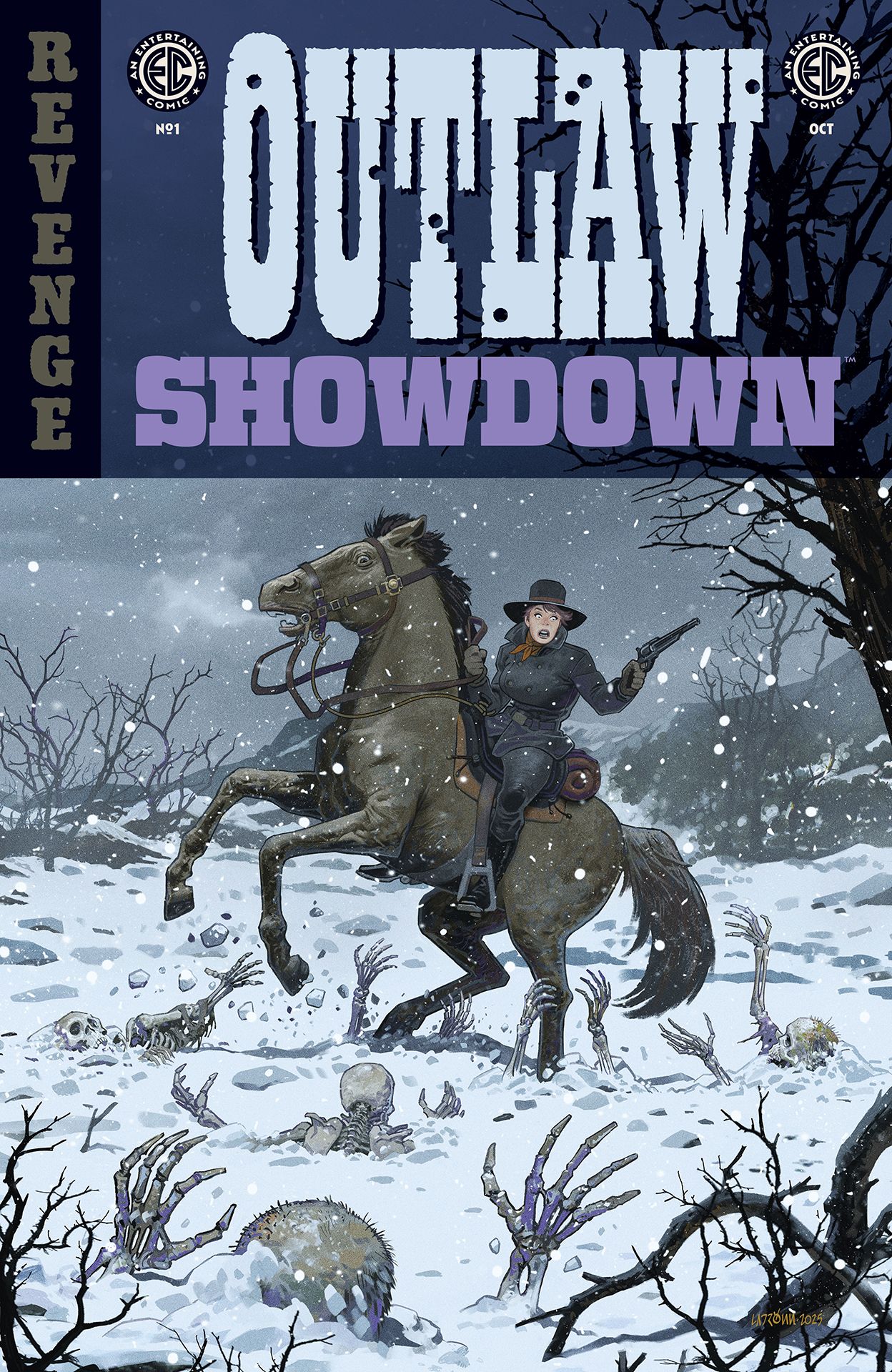 A cowgirl on horseback in the snow with zombie hands reaching out of the ground