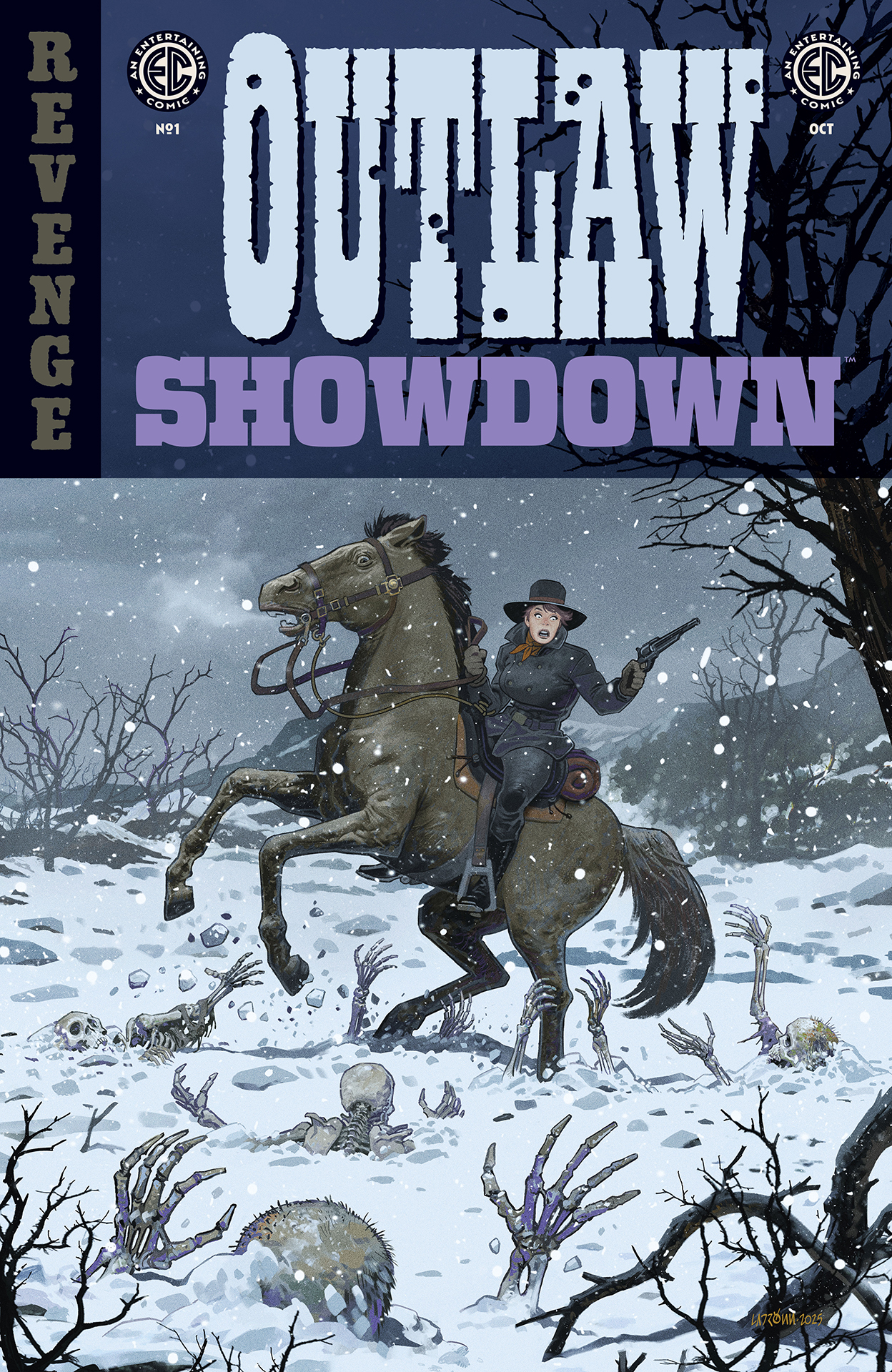 A cowgirl on horseback in the snow with zombie hands reaching out of the ground