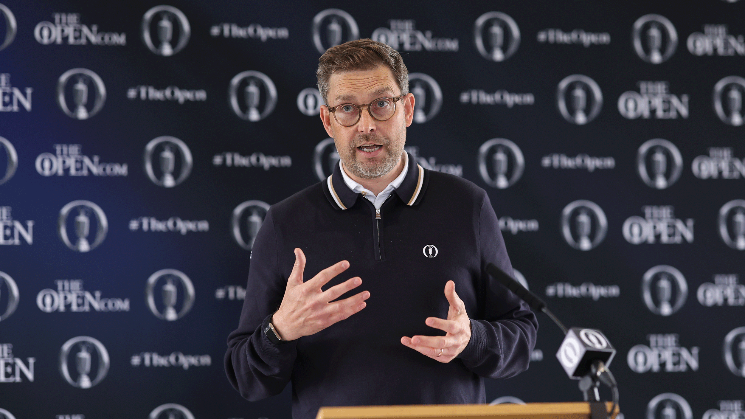 Mark Darbon speaks during The Open Championship media day at Royal Birkdale in 2026