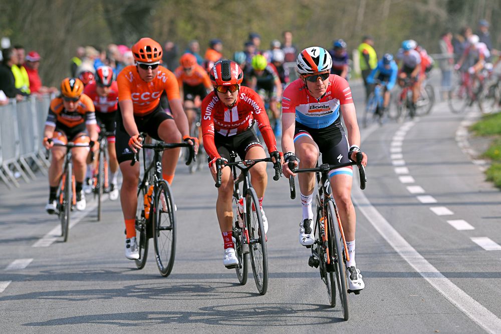 Christine Majerus on the front of the Gent-Wevelgem peloton