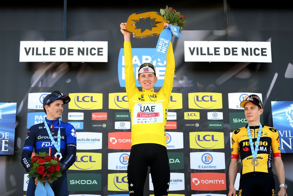 NICE FRANCE MARCH 12 LR David Gaudu of France and Team Groupama FDJ on second place race winner Tadej Pogacar of Slovenia and UAE Team Emirates and Jonas Vingegaard of Denmark and Team JumboVisma on third place pose on the podium ceremony after the 81st Paris Nice 2023 Stage 8 a 1184km stage from Nice to Nice UCIWT ParisNice on March 12 2023 in Nice France Photo by Alex BroadwayGetty Images