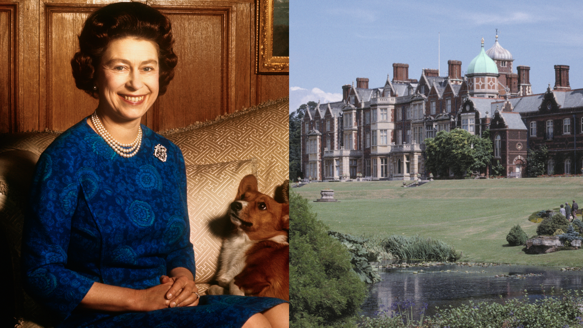 A split of Queen Elizabeth in a blue dress and the exterior of Sandringham House