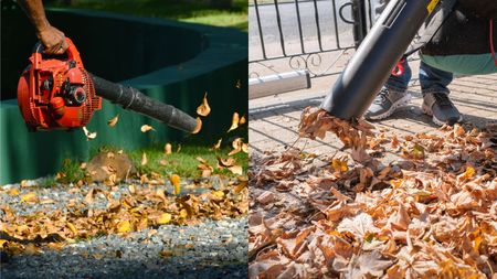 A two panel image demonstrating leaf blowers vs leaf vacuums 