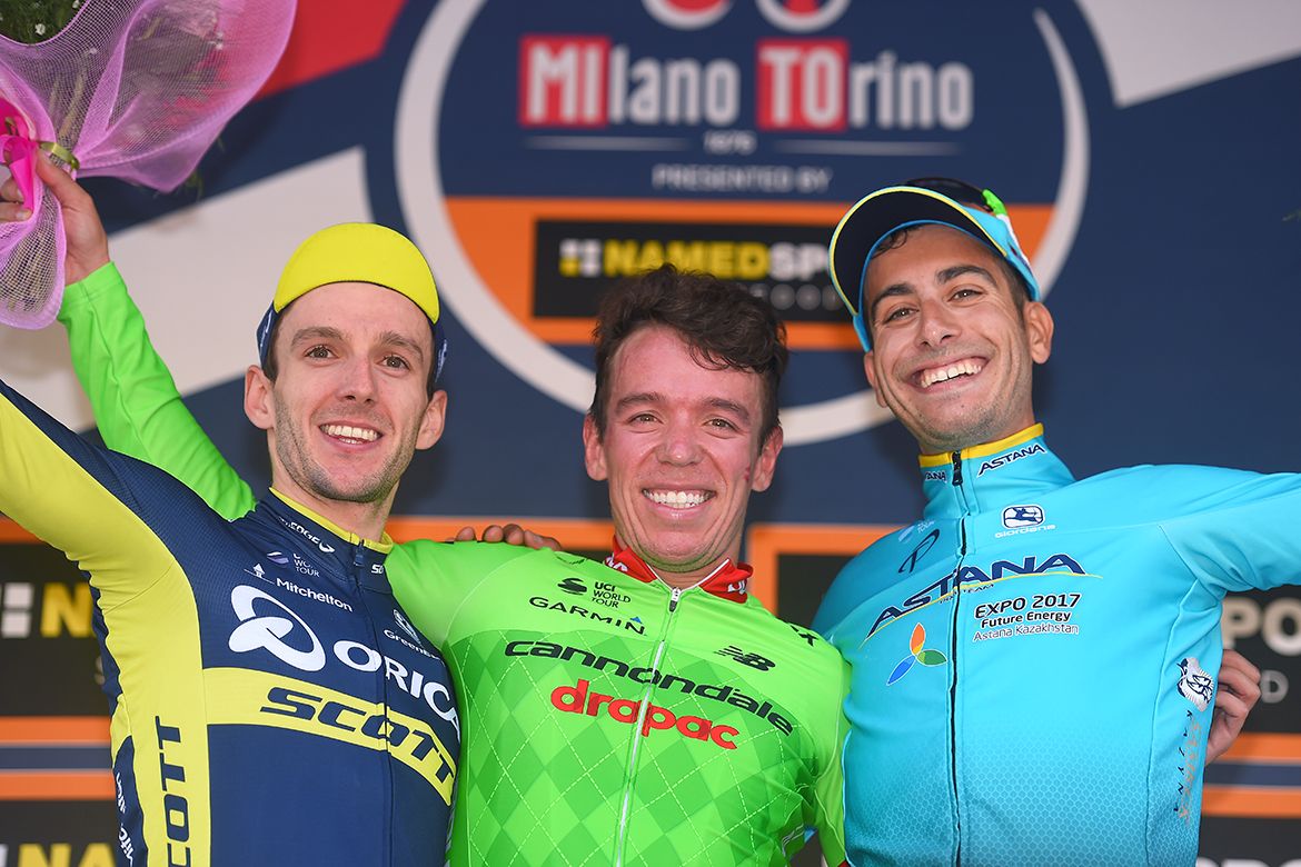 Milano-Torino winner Rigoberto Uran flanked by runner-up Adam Yates and third-placed Fabio Aru