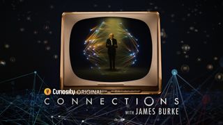 James Burke inside a tv with the works connections with James Burke written below.