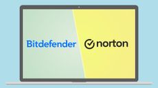 Bitdefender and Norton logo split a computer screen