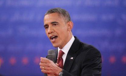 Obama answers a question during the second presidential debate at Hofstra University on Oct. 16 in New York: The president took charge in his second face-off with Mitt Romney, making sure to 