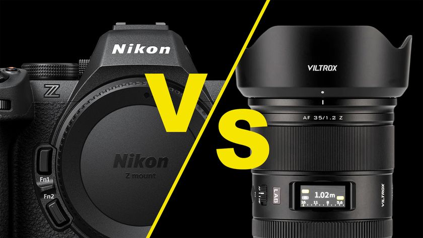 Nikon Z50 II next to Viltrox lens with 'VS' lettering in the middle 