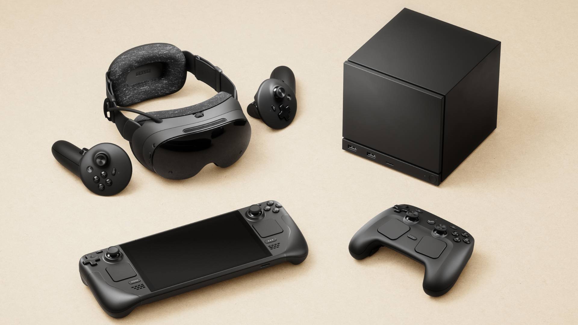 Steam Machine next to Steam Frame, Steam Deck, and Steam Controller with beige backdrop.