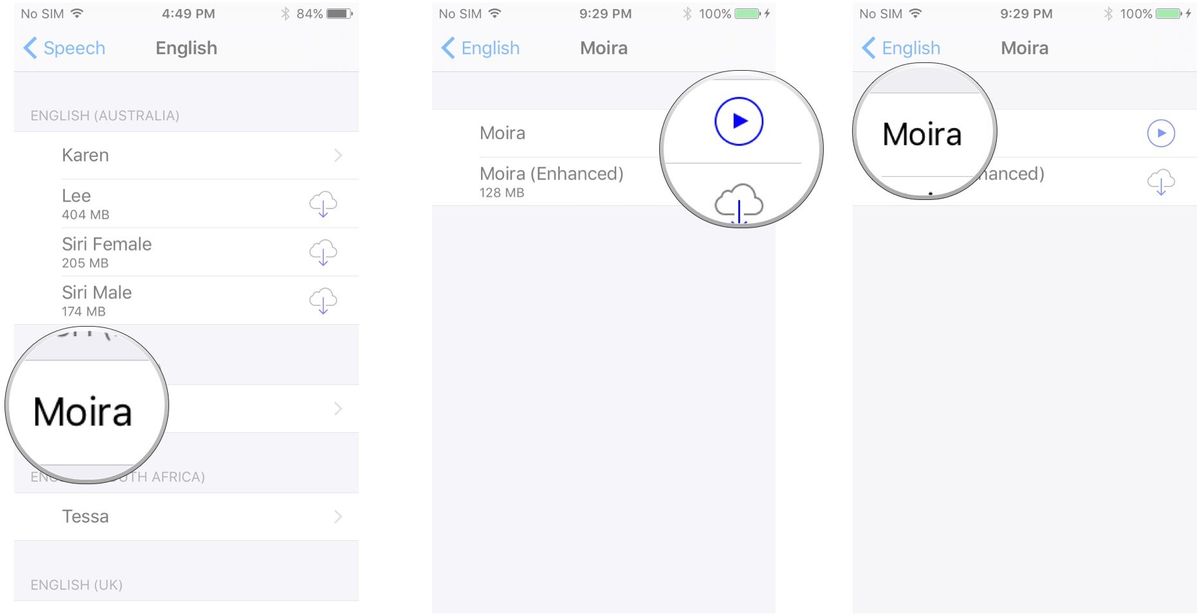 Tap a voice, tap the play button to preview or the download button to download it, tap the name to enable the voice