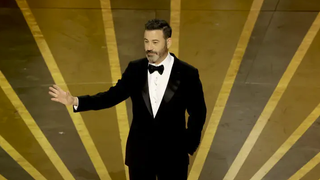 Host Jimmy Kimmel, dressed in black tie and tux, speaks onstage during last year's Annual Academy Awards at Dolby Theatre