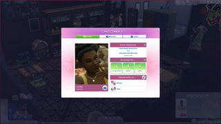 The Sims 4 Lovestruck screenshot showing the Cupid's Corner menu in-game, including a Sim's dating profile features