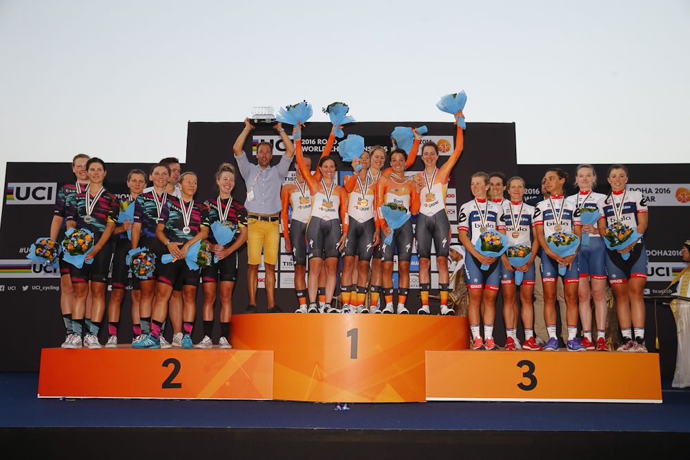 Canyon SRAM, Boels Dolmans and Cervelo Bigla on the Worlds TTT podium