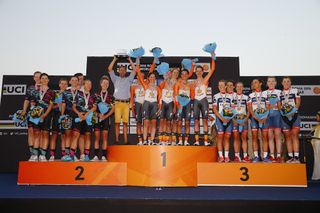 Canyon SRAM, Boels Dolmans and Cervelo Bigla on the Worlds TTT podium