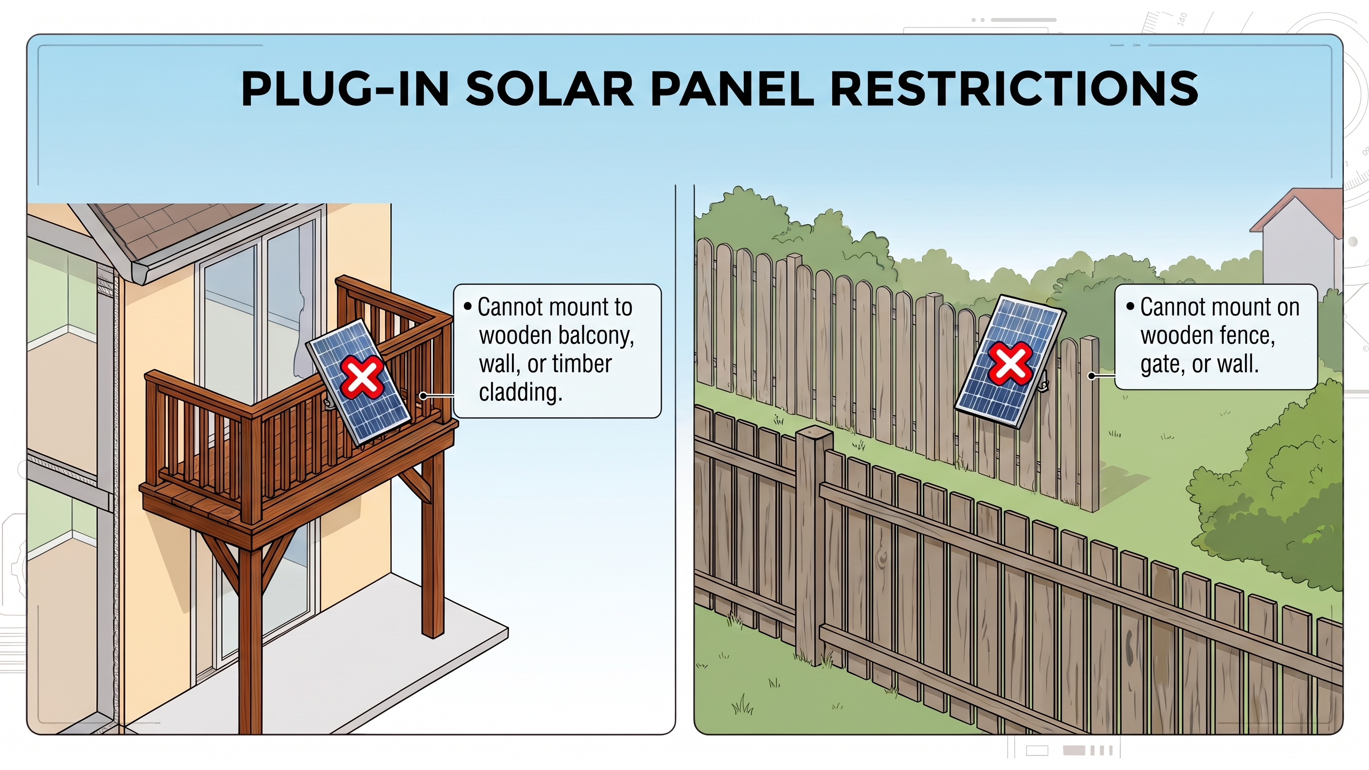 Diagram illustrating that plug-in solar panels cannot be installed on wooden balconies or fences