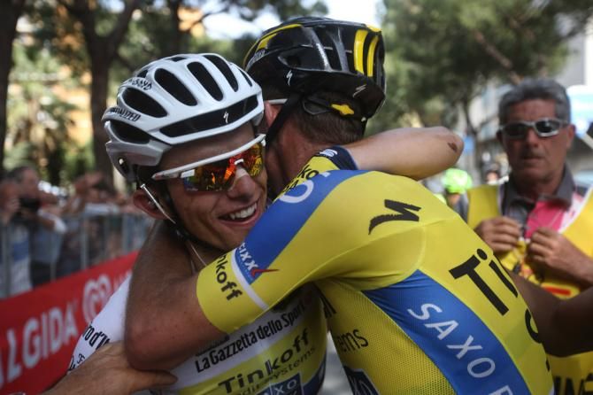 Michael Rogers hugs Rafal Majka