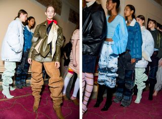 Left, model wears oversized thigh-high uggs. Right, models line up to go out onto the catwalk