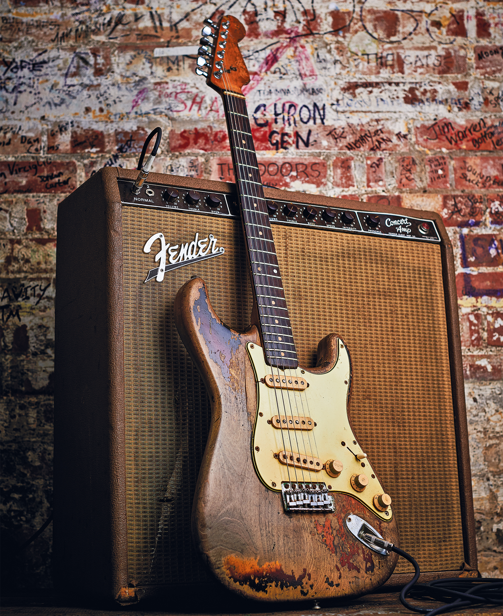 A vintage 1961 Fender Stratocaster electric guitar that once belonged to Irish rock musician Rory Gallagher, taken on April 5, 2019.