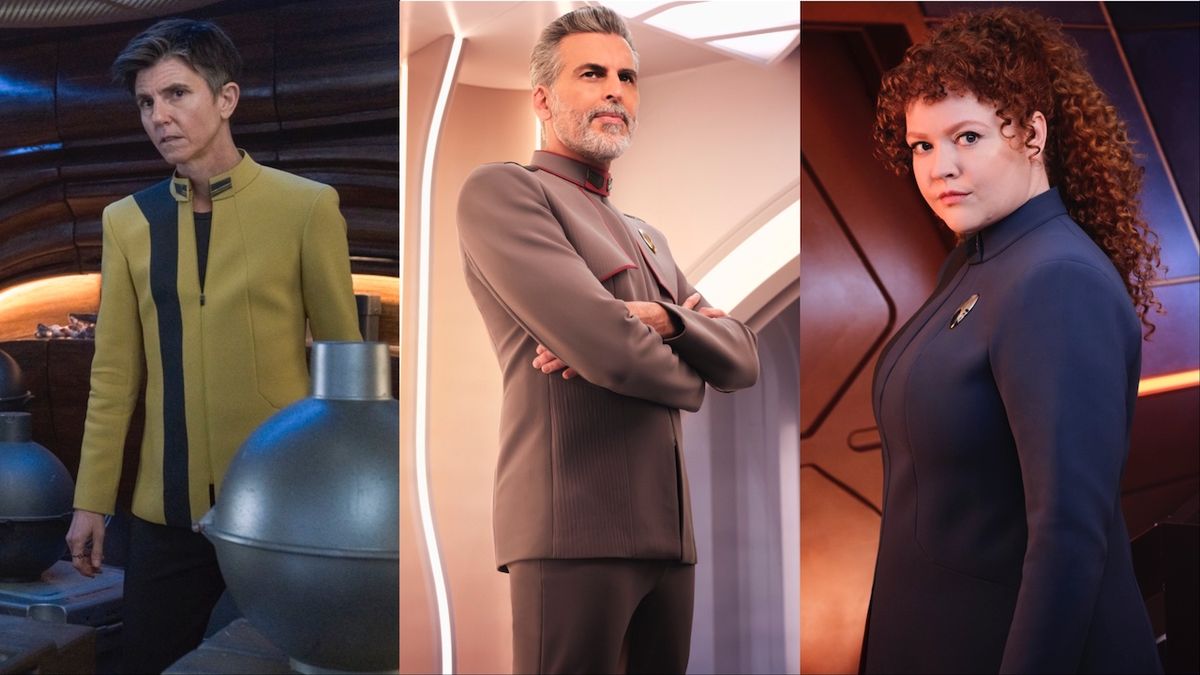 Side-by-side images of Tig Notaro, Oded Fehr and Mary Wiseman&#039;s Star Trek: Discovery characters