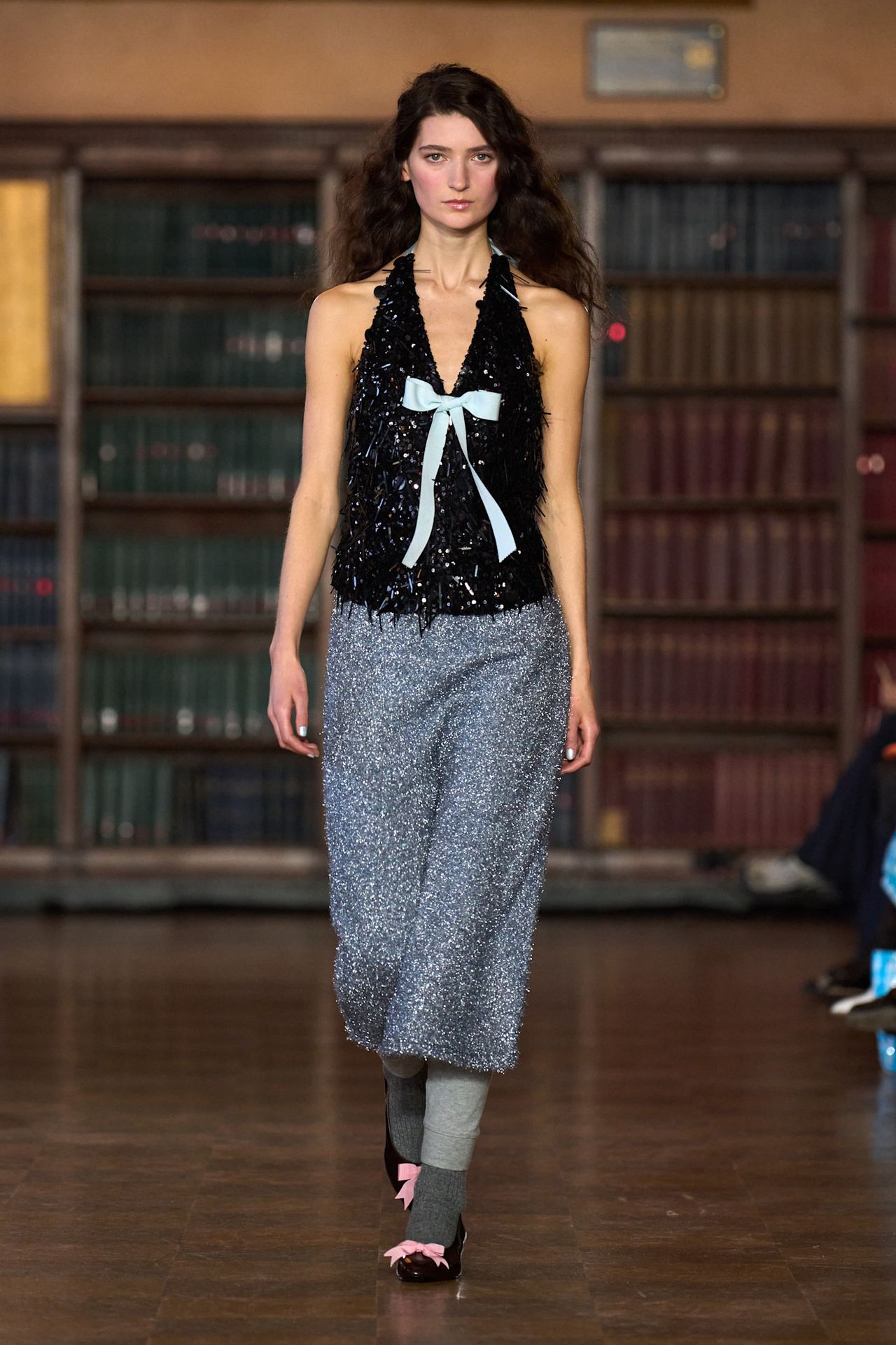models walk the Sandy Liang Fall 2026 fashion show runway wearing slipper shoes