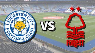 The Leicester City and Nottingham Forest club badges on top of a photo of The King Power Stadium in Leicester, England
