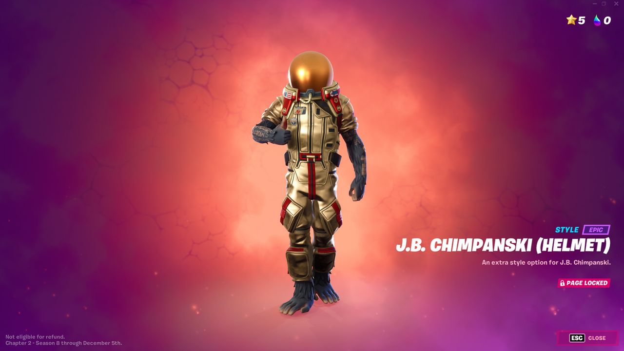 Fortnite's Chapter 2, Season 8 battlepass includes a new player skin J.B. Chimpanski, a Russian space chimp with out-of-this-world accessories.