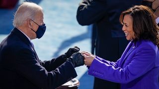 U.S. President-elect Joe Biden fist bumps newly sworn-in Vice President Kamala Harris after she took the oath of office on the West Front of the U.S. Capitol on Jan. 20, 2021 in Washington, DC.
