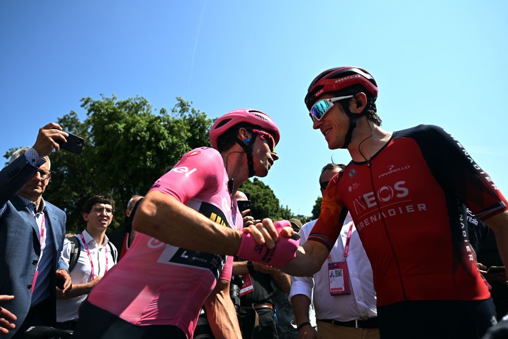 ROME ITALY MAY 28 LR Primo Rogli of Slovenia and Team JumboVisma Pink Leader Jersey and Geraint Thomas of The United Kingdom and Team INEOS Grenadiers prior to the 106th Giro dItalia 2023 Stage 21 a 126km stage from Rome to Rome UCIWT on May 28 2023 in Rome Italy Photo by Stuart FranklinGetty Images