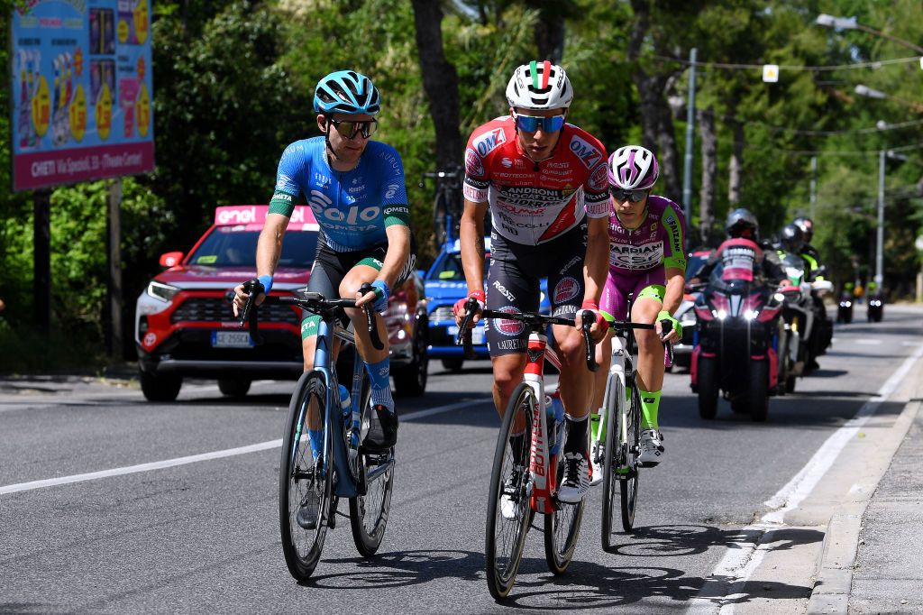 TERMOLI ITALY MAY 14 Mark Christian United of Kingdom and EOLOKOMETA Cycling Team Simon Pellaud of Switzerland and Team Androni Giocattoli Sidermec Umberto Marengo of Italy and Bardiani CSF Faizan Pro Team in breakaway during the 104th Giro dItalia 2021 Stage 7 a 181km stage from Notaresco to Termoli girodiitalia Giro on May 14 2021 in Termoli Italy Photo by Tim de WaeleGetty Images