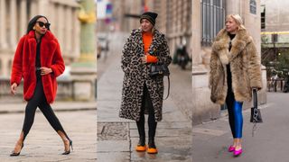 street style images of women wearing leggings and fur coats